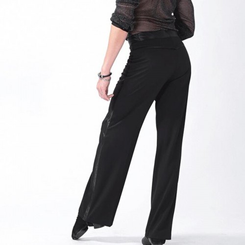 Men's black latin ballroom dance pants side with ribbon tango waltz exercises competition performance dance trousers